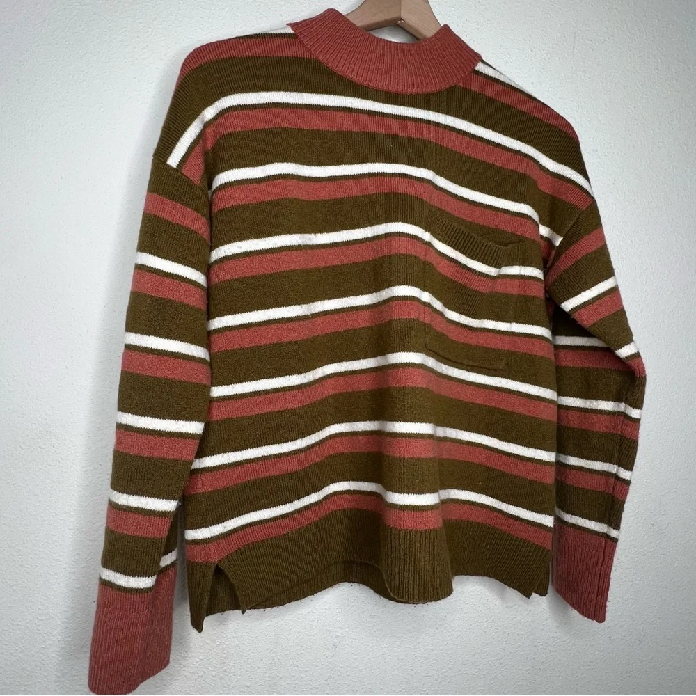 Madewell Redmond Mockneck Pocket Sweater in Stripe, Asparagus, size XS